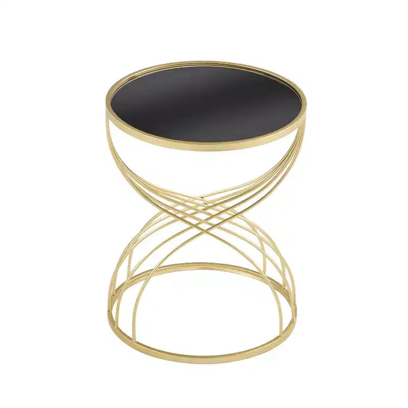 Mesa auxiliar/mesa de centro/mesita de noche redonda de estilo moderno: estructura de metal dorado con tablero de espejo negro.