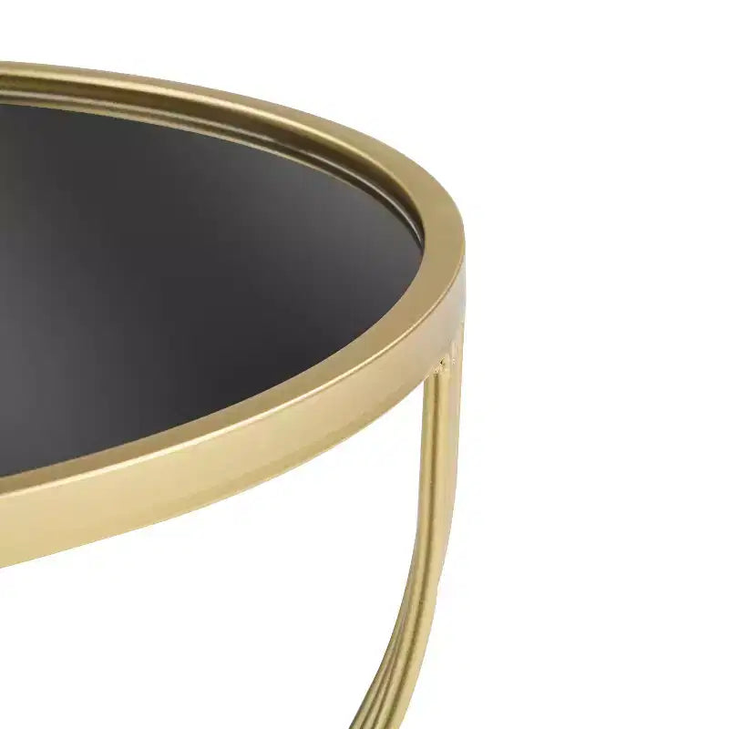 Table d’appoint/table basse/table de chevet ronde de style moderne - structure en métal doré et plateau miroir noir.