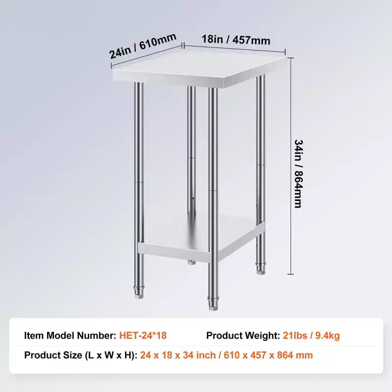 Table de préparation en acier inoxydable, 24 x 18 x 34 pouces, capacité de charge de 640 lbs, table de travail métallique robuste avec 3 hauteurs réglables