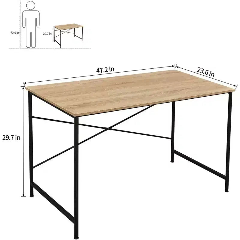 Grand bureau simple pour la maison, plateau en chêne avec piètement noir, 47 pouces