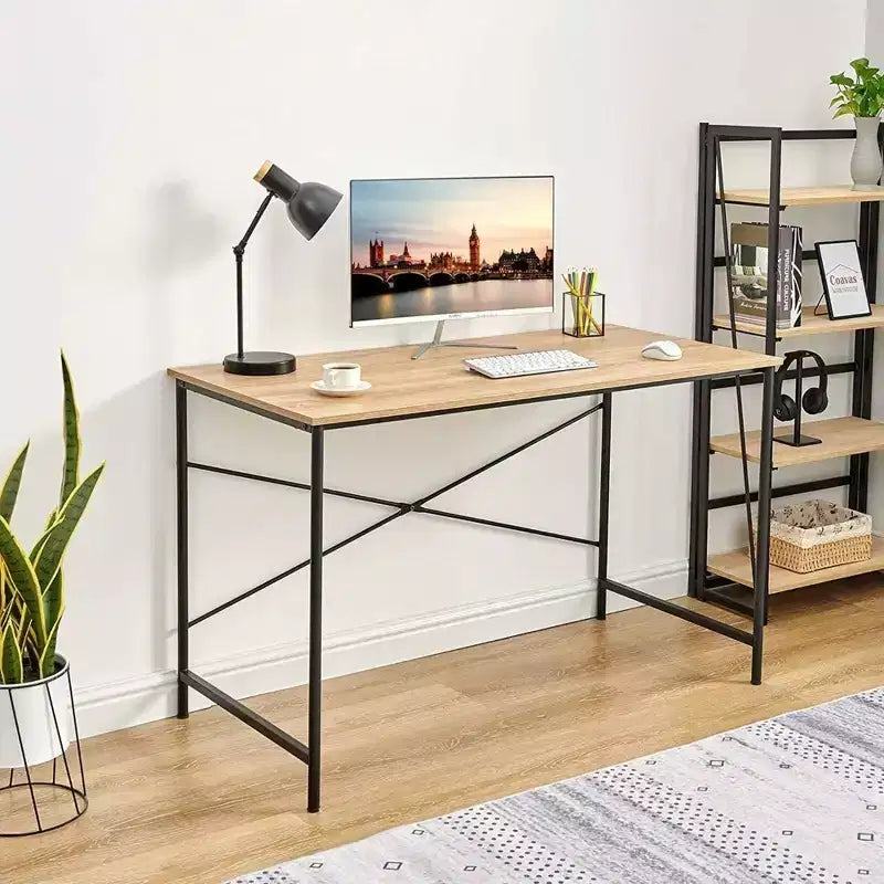 Grand bureau simple pour la maison, plateau en chêne avec piètement noir, 47 pouces