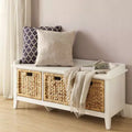 Banc en bois avec 3 tiroirs en rotin et blanc