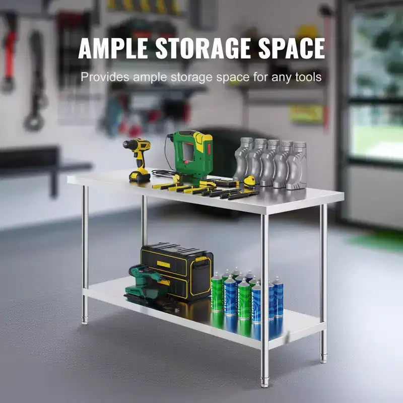 Table de préparation en acier inoxydable, 24 x 60 x 34 pouces, capacité de charge de 840 lbs, table de travail métallique robuste avec 3 hauteurs réglables