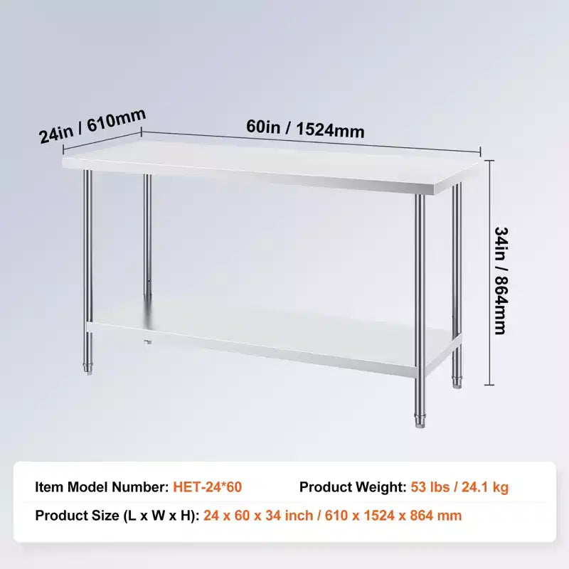 Table de préparation en acier inoxydable, 24 x 60 x 34 pouces, capacité de charge de 840 lbs, table de travail métallique robuste avec 3 hauteurs réglables