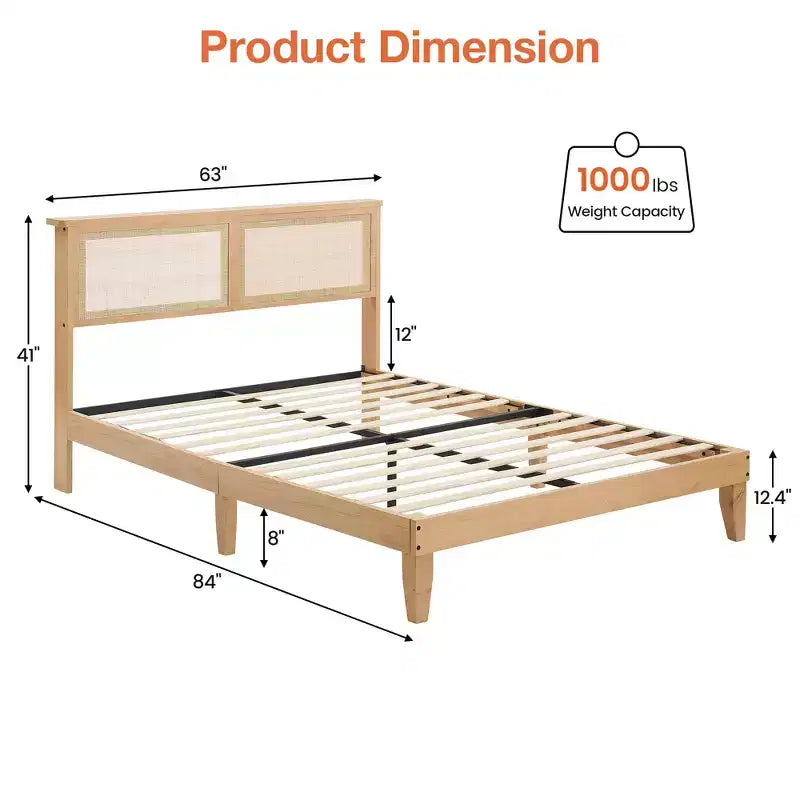 Cadre de lit de luxe en bois massif avec tête de lit en rotin naturel, sommier à plateforme, silencieux, sans sommier tapissier requis