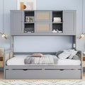Twin/Full Size Wooden Daybed with Trundle, Built-in Storage Cabinet &amp; Shelves, Multifunctional Bed Frame for Kids &amp; Guests, White/Gray - ModernLuxe