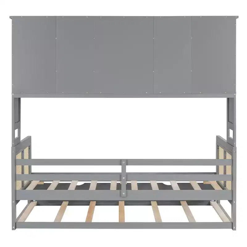Tagesbett aus Holz in Einzel-/Doppelbettgröße mit Ausziehbett, integriertem Aufbewahrungsschrank und Regalen, multifunktionaler Bettrahmen für Kinder und Gäste, Weiß/Grau