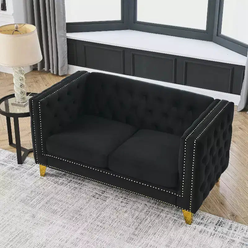 Canapé en velours pour salon, à accoudoirs carrés capitonnés à boutons, moderne, avec revêtement capitonné à boutons et pieds en métal, pour chambre à coucher