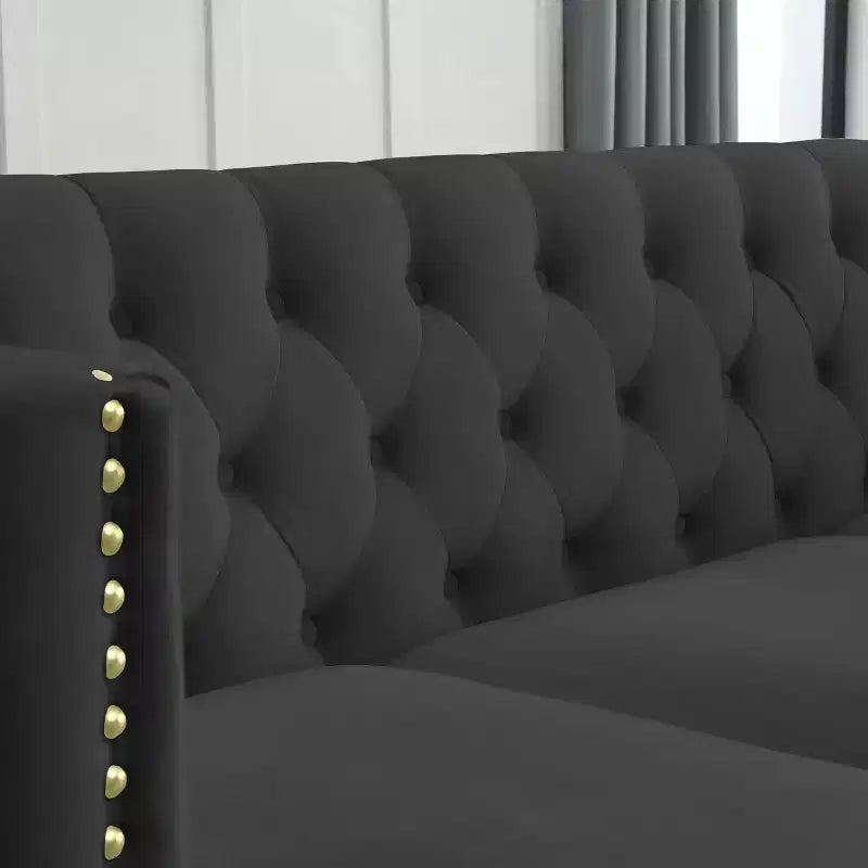 Canapé en velours pour salon, à accoudoirs carrés capitonnés à boutons, moderne, avec revêtement capitonné à boutons et pieds en métal, pour chambre à coucher