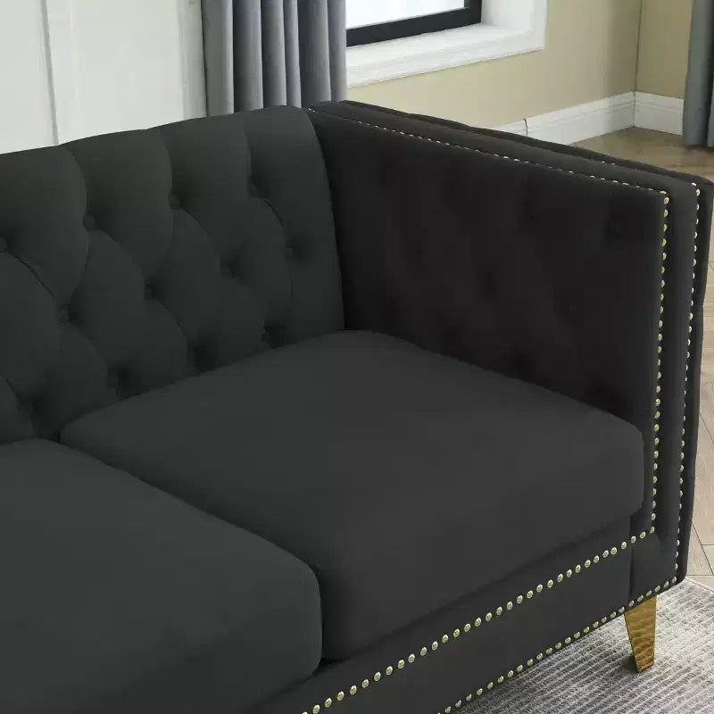 Canapé en velours pour salon, à accoudoirs carrés capitonnés à boutons, moderne, avec revêtement capitonné à boutons et pieds en métal, pour chambre à coucher