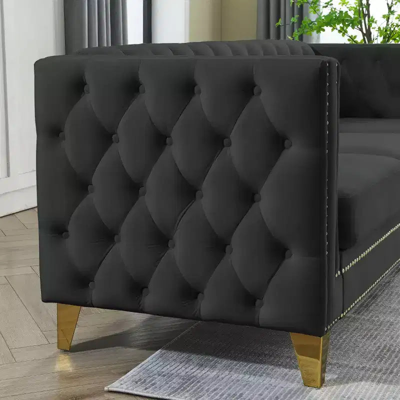 Canapé en velours pour salon, à accoudoirs carrés capitonnés à boutons, moderne, avec revêtement capitonné à boutons et pieds en métal, pour chambre à coucher