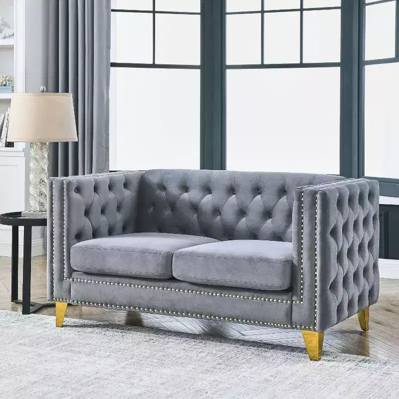 Canapé en velours pour salon, à accoudoirs carrés capitonnés à boutons, moderne, avec revêtement capitonné à boutons et pieds en métal, pour chambre à coucher