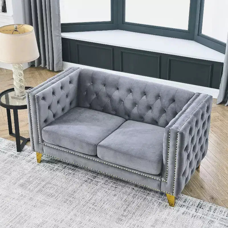 Canapé en velours pour salon, à accoudoirs carrés capitonnés à boutons, moderne, avec revêtement capitonné à boutons et pieds en métal, pour chambre à coucher