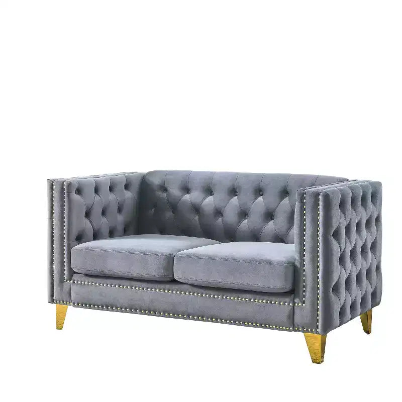 Canapé en velours pour salon, à accoudoirs carrés capitonnés à boutons, moderne, avec revêtement capitonné à boutons et pieds en métal, pour chambre à coucher