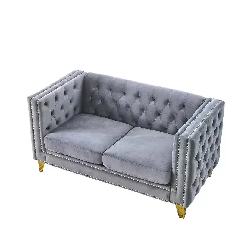 Canapé en velours pour salon, à accoudoirs carrés capitonnés à boutons, moderne, avec revêtement capitonné à boutons et pieds en métal, pour chambre à coucher