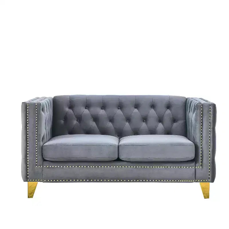 Canapé en velours pour salon, à accoudoirs carrés capitonnés à boutons, moderne, avec revêtement capitonné à boutons et pieds en métal, pour chambre à coucher