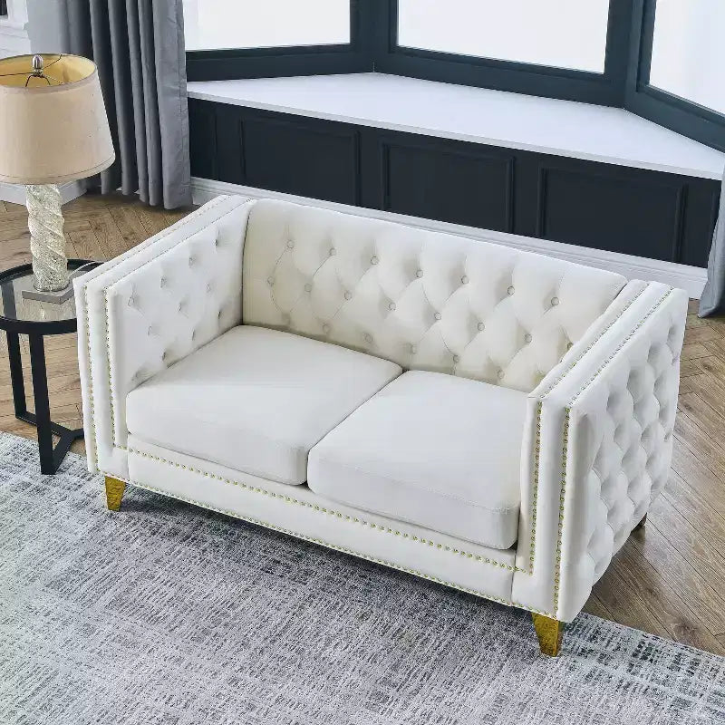 Sofá de terciopelo para sala de estar, sofá de brazos cuadrados con botones capitoné, sofá moderno tapizado con botones y patas de metal, sofá para dormitorio