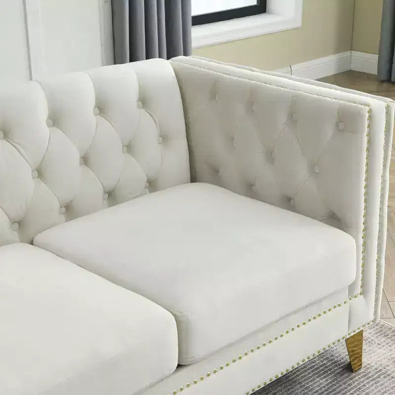 Canapé en velours pour salon, à accoudoirs carrés capitonnés à boutons, moderne, avec revêtement capitonné à boutons et pieds en métal, pour chambre à coucher