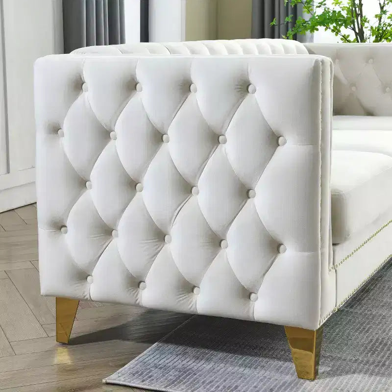 Canapé en velours pour salon, à accoudoirs carrés capitonnés à boutons, moderne, avec revêtement capitonné à boutons et pieds en métal, pour chambre à coucher