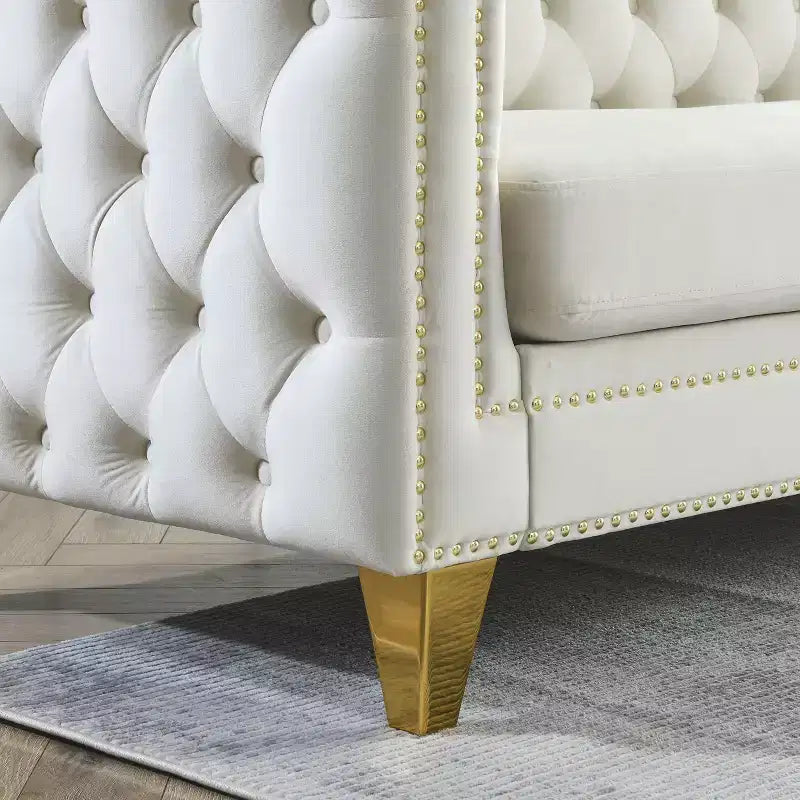Canapé en velours pour salon, à accoudoirs carrés capitonnés à boutons, moderne, avec revêtement capitonné à boutons et pieds en métal, pour chambre à coucher