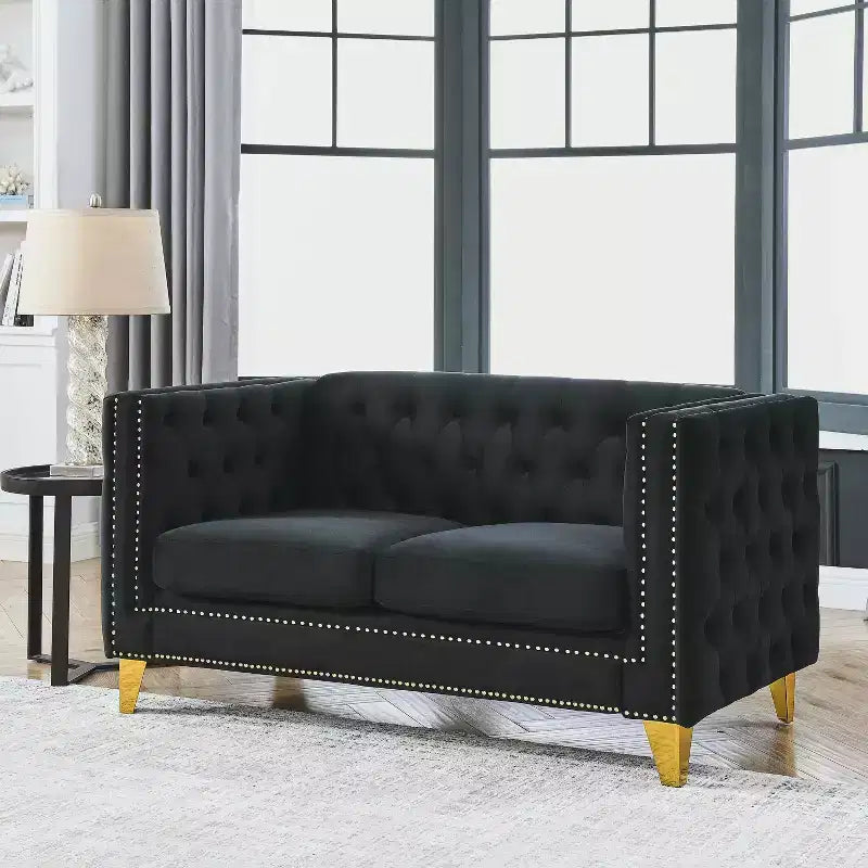 Canapé en velours pour salon, à accoudoirs carrés capitonnés à boutons, moderne, avec revêtement capitonné à boutons et pieds en métal, pour chambre à coucher
