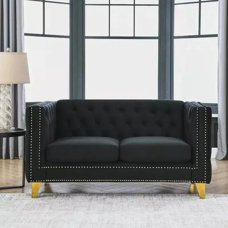 Sofá de terciopelo para sala de estar, sofá de brazos cuadrados con botones capitoné, sofá moderno tapizado con botones y patas de metal, sofá para dormitorio