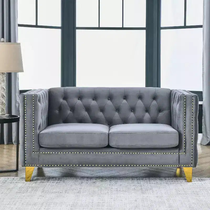 Sofá de terciopelo para sala de estar, sofá de brazos cuadrados con botones capitoné, sofá moderno tapizado con botones y patas de metal, sofá para dormitorio