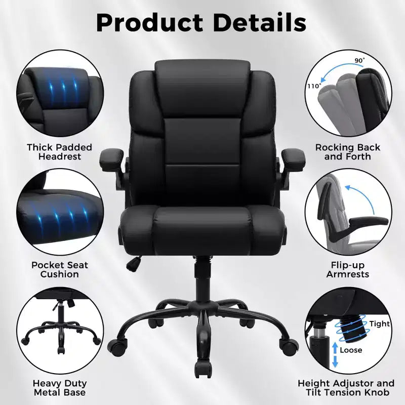 Fauteuil de bureau inclinable et ergonomique, avec accoudoirs rabattables, assise à ressorts ensachés, inclinaison et rangement caché