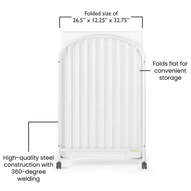 Lit bébé pliant compact à arceau avec 3 matelas de lit bébé et 2 roulettes verrouillables, construction durable, facile à nettoyer (blanc)