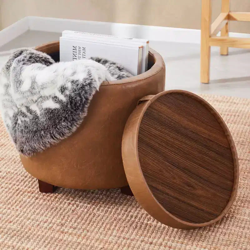 Pouf de rangement rond en similicuir avec couvercle faisant office de plateau