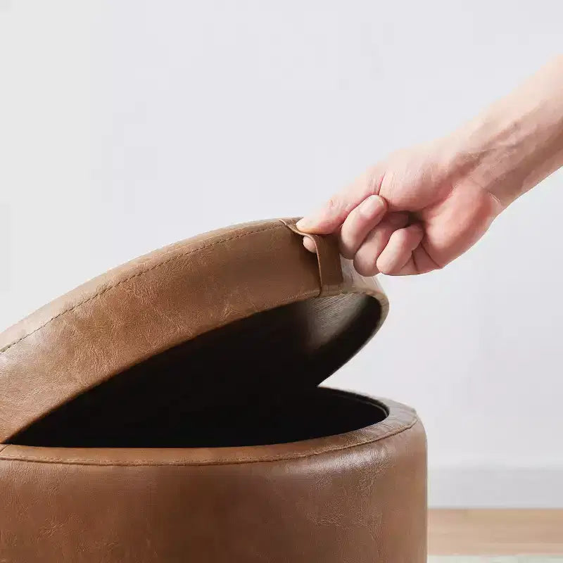 Pouf de rangement rond en similicuir avec couvercle faisant office de plateau