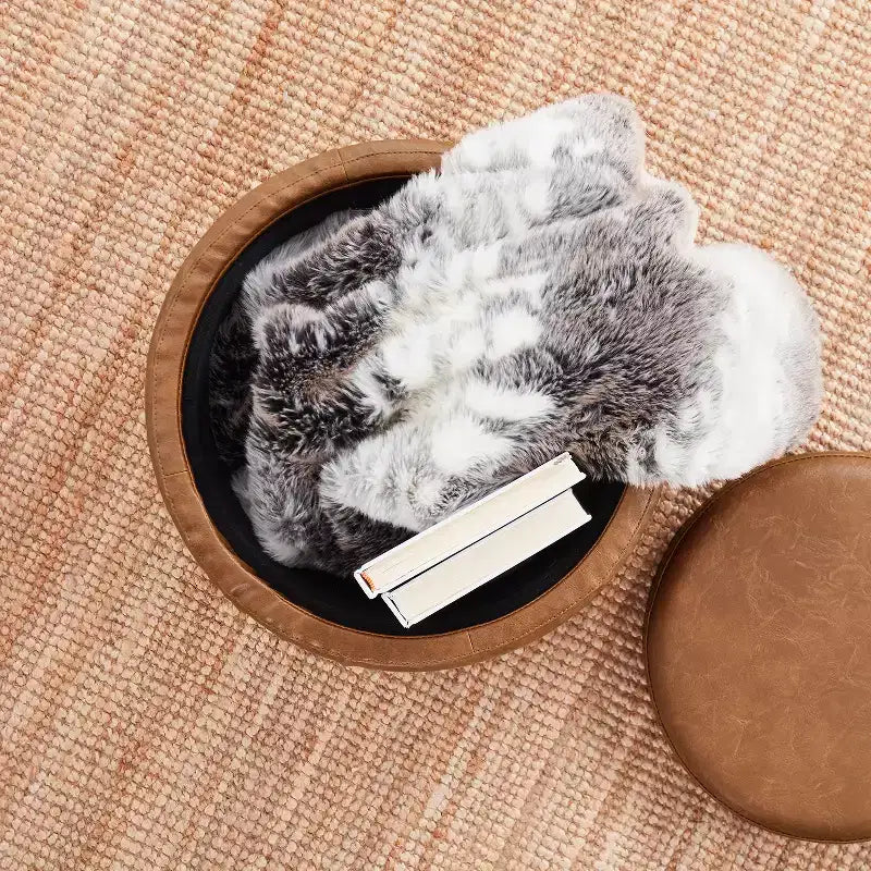 Pouf de rangement rond en similicuir avec couvercle faisant office de plateau