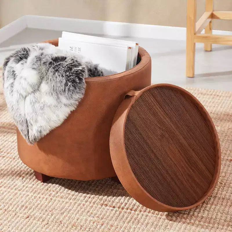 Pouf de rangement rond en similicuir avec couvercle faisant office de plateau