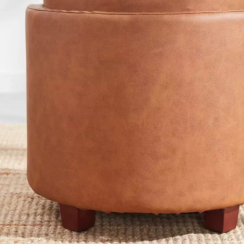 Pouf de rangement rond en similicuir avec couvercle faisant office de plateau