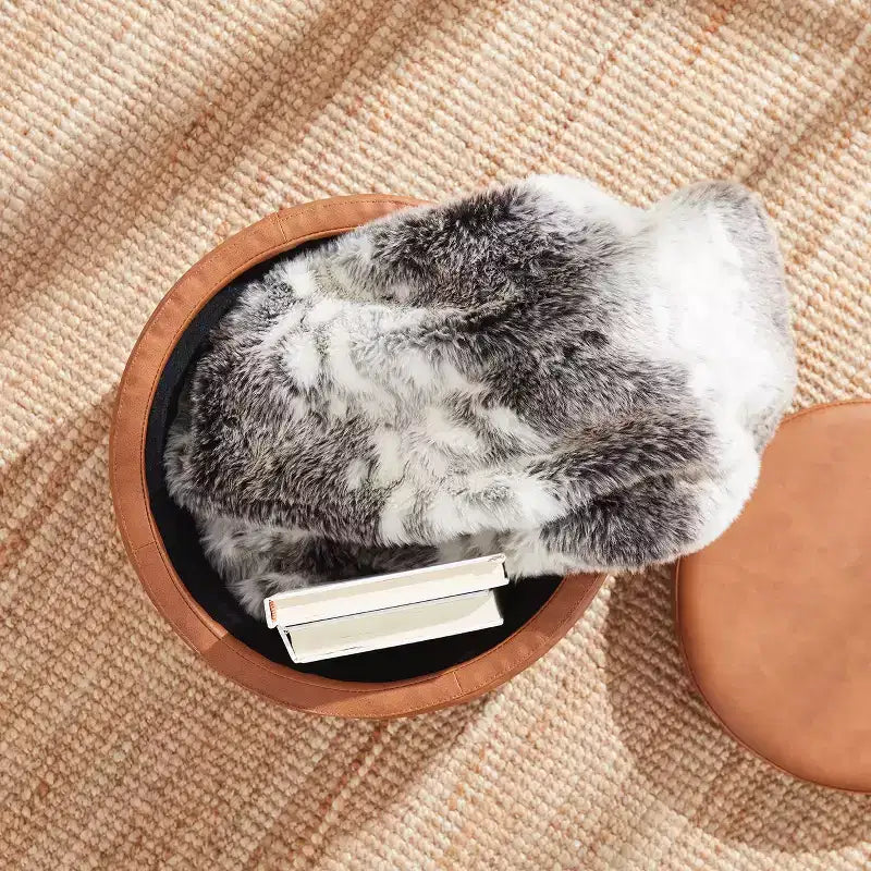 Pouf de rangement rond en similicuir avec couvercle faisant office de plateau