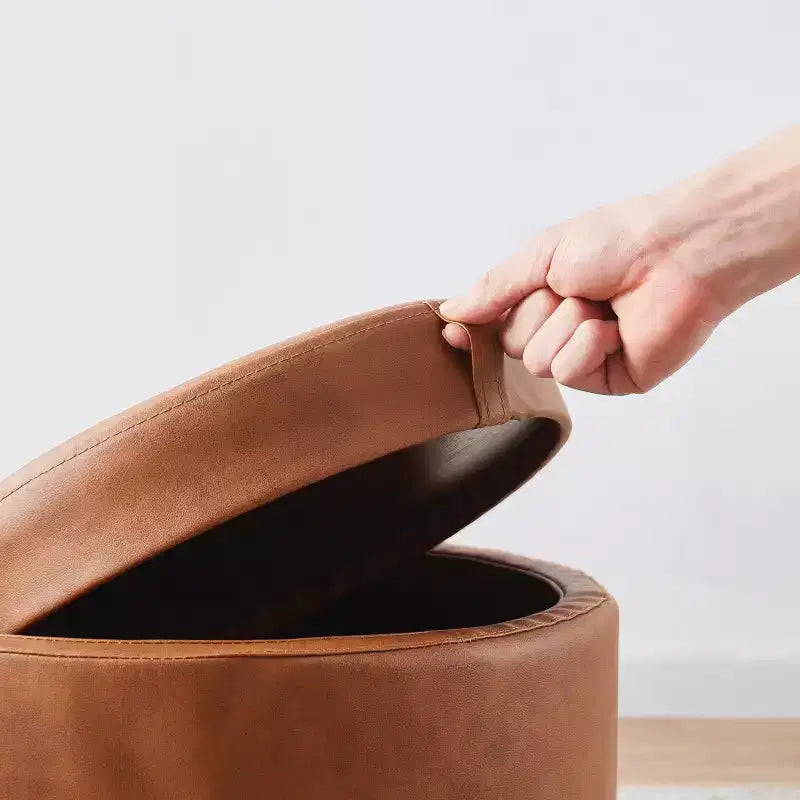 Pouf de rangement rond en similicuir avec couvercle faisant office de plateau