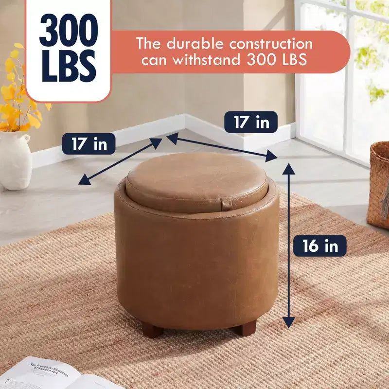 Pouf de rangement rond en similicuir avec couvercle faisant office de plateau