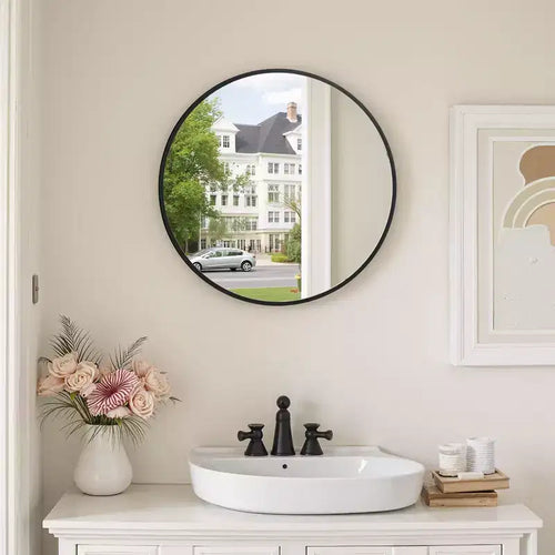 Miroir mural rond en aluminium noir de 23.6 pouces, avec cadre fin, miroir mural pour salle de bain