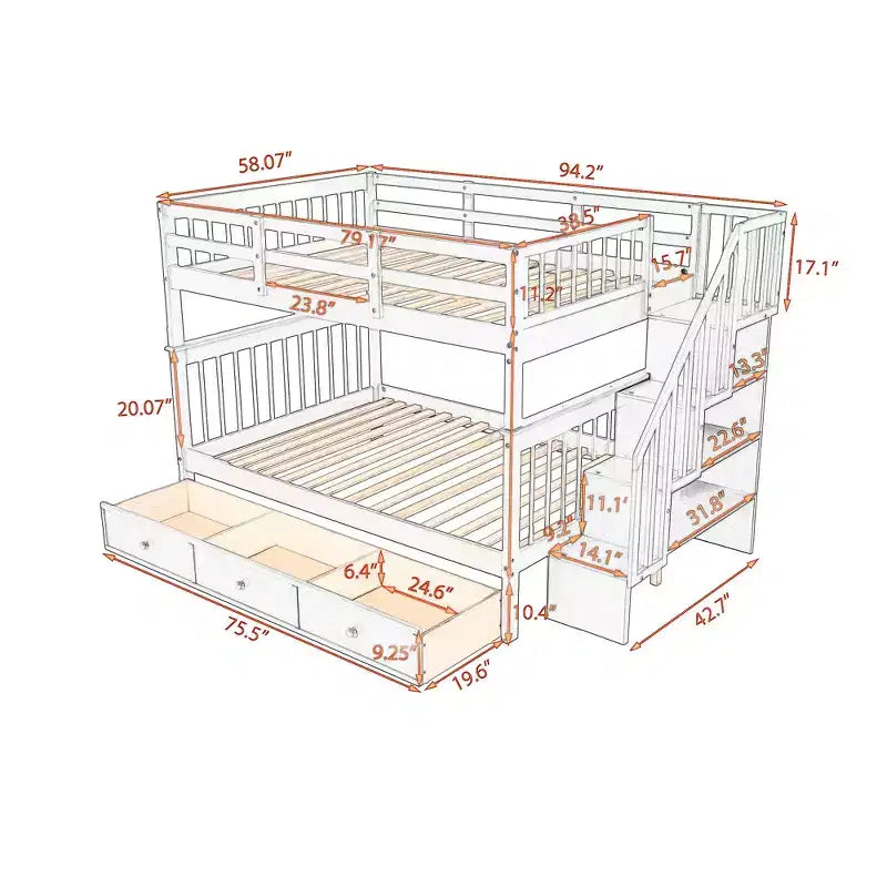 Etagenbett mit Treppe, zwei Doppelbetten, Schublade, Stauraum und Schutzgitter fürs Schlafzimmer