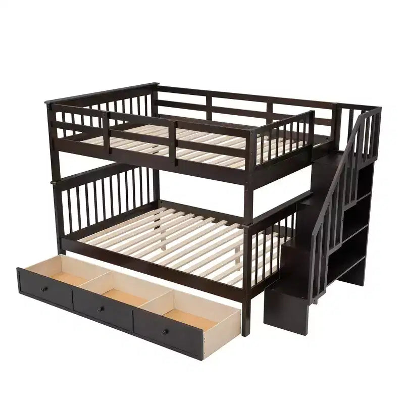 Etagenbett mit Treppe, zwei Doppelbetten, Schublade, Stauraum und Schutzgitter fürs Schlafzimmer