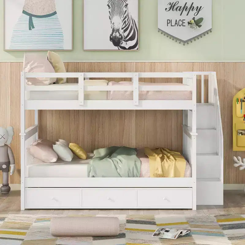 Etagenbett mit Treppe, zwei Doppelbetten, Schublade, Stauraum und Schutzgitter fürs Schlafzimmer