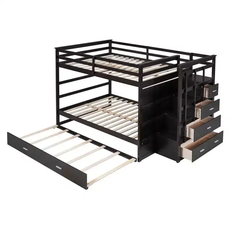 Lit superposé double avec lit gigogne simple, tiroirs de rangement et escalier, structure de lit mezzanine en bois