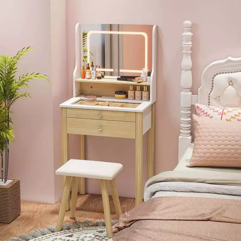 Petit ensemble de coiffeuse avec miroir réglable à éclairage LED et prises électriques, blanc