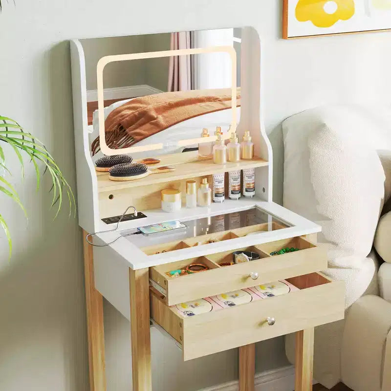Petit ensemble de coiffeuse avec miroir réglable à éclairage LED et prises électriques, blanc