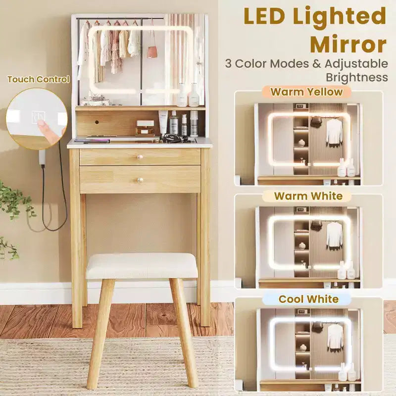 Petit ensemble de coiffeuse avec miroir réglable à éclairage LED et prises électriques, blanc