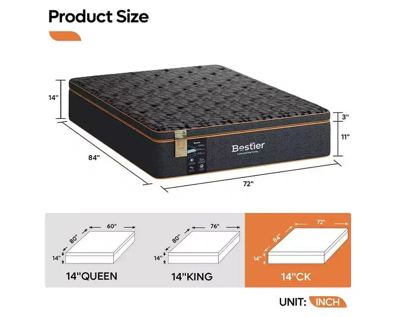 Matelas California King de 14 pouces - édition noire - avec mousse à mémoire de forme infusée de gel rafraîchissant et laine biologique, associé à des ressorts de soutien lombaire pour un confort exceptionnel.