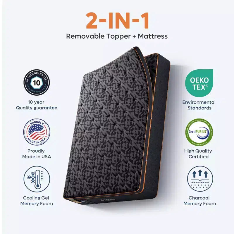 Matelas California King de 14 pouces - édition noire - avec mousse à mémoire de forme infusée de gel rafraîchissant et laine biologique, associé à des ressorts de soutien lombaire pour un confort exceptionnel.
