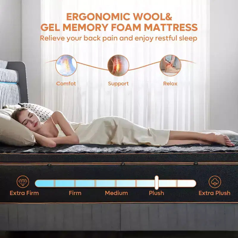 Matelas California King de 14 pouces - édition noire - avec mousse à mémoire de forme infusée de gel rafraîchissant et laine biologique, associé à des ressorts de soutien lombaire pour un confort exceptionnel.