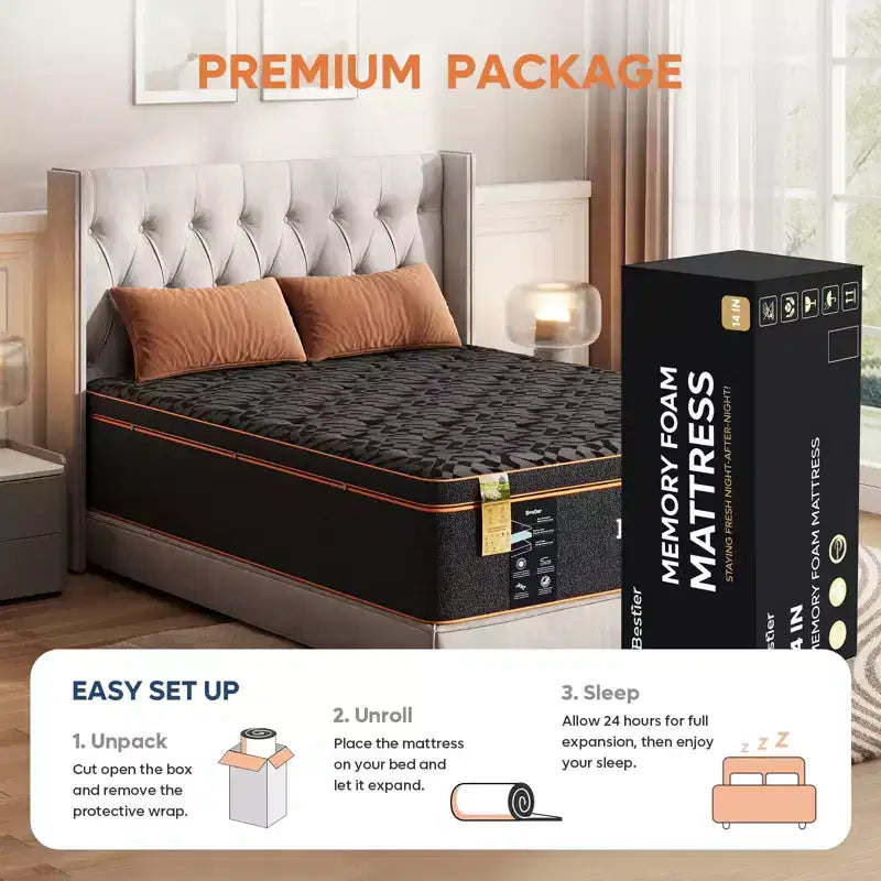 Matelas California King de 14 pouces - édition noire - avec mousse à mémoire de forme infusée de gel rafraîchissant et laine biologique, associé à des ressorts de soutien lombaire pour un confort exceptionnel.