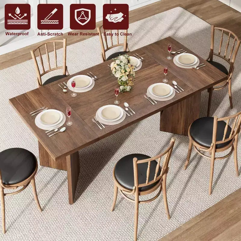 Table à manger rectangulaire de 71 pouces pour 6 personnes, grande table de cuisine haute au style rustique de maison de campagne, avec grand plateau et longs pieds en bois robustes